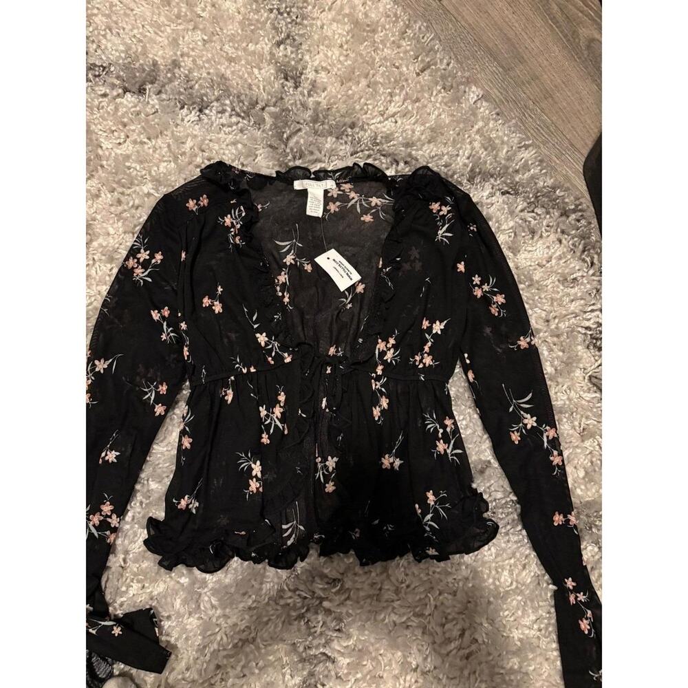 Full Tilt Whimsigoth  Black Floral‎ Sheer Ruffle Tie Front Blouse Top NWT SZ XS